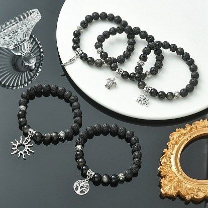 Bracelet extensible en perles de lave naturelle et d'obsidienne argentée avec breloques en alliage