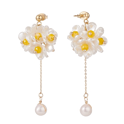 Plastic Pearl Cluster Flower with Long Tassel Dangle Stud Earrings, Gold Plated 304 Stainless Steel Jewelry for Women