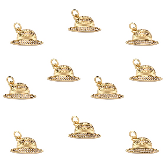 10Pcs Brass Micro Pave Cubic Zirconia Pendants, with Jump Rings, Golden, Hat
