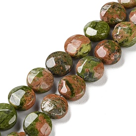 Natural Unakite Beads Strands, Faceted, Flat Round