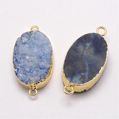 Electroplate Natural Druzy Quartz Crystal Links Connectors, Dyed, with Golden Plated Brass Findings, Oval