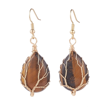 Teardrop Gemstone with Tree Dangle Earrings, Copper Wire Wrap Jewelry for Women, Golden