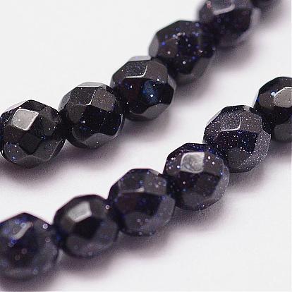 Synthétiques bleus Goldstone brins de perles, teints et chauffée, à facettes (64 facettes), perle ronde