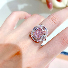 Square Pink Diamond Zircon Open Ring with Diamond Inlay - Simple and Elegant
