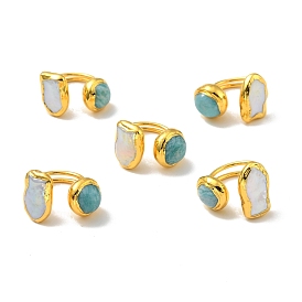 Half Round Natural Pearl & Amazonite Nugget Open Cuff Ring, Brass Chunky Ring for Women, Lead Free & Cadmium Free