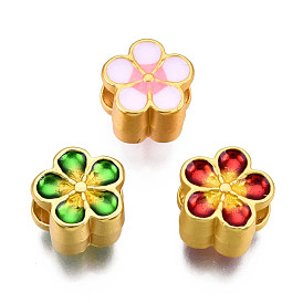 Rack Plating Eco-Friendly Alloy Enamel European Beads, Large Hole Beads, Cadmium Free & Lead Free, Matte Gold Color, Flower