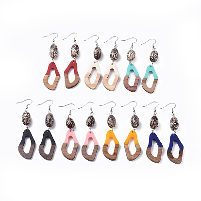 Resin & Wood Dangle Earrings, with Natural Bodhi Wood Bead and 316 Surgical Stainless Steel Earring Hooks, Twisted Oval