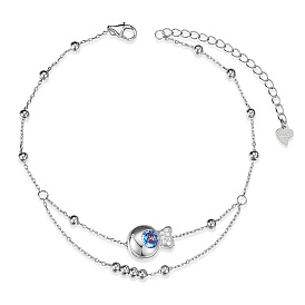 SHEGRACE 925 Sterling Silver Link Anklets, with Grade AAA Cubic Zirconia, Fish