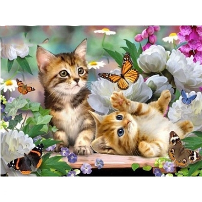 DIY Rectangle Cat Theme Diamond Painting Kits, Including Canvas, Resin Rhinestones, Diamond Sticky Pen, Tray Plate and Glue Clay, Kittens in Garden