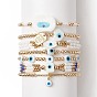 7Pcs 7 Style Evil Eye Lampwork & Glass Seed & Brass Beaded Stretch Bracelets Set for Women, Alloy Word Charms Stackable Bracelets for Women