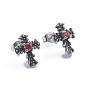 Retro 304 Stainless Steel Stud Earrings, with Cubic Zirconia and Ear Nuts, Cross, Red