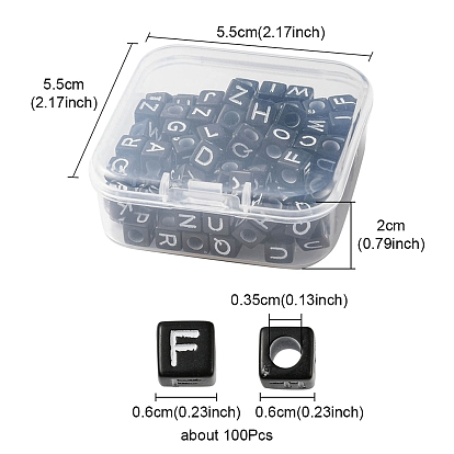 100pcs perles acryliques opaques, trou horizontal, cube avec lettre initiale aléatoire