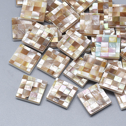 Shell Cabochons, with Resin Bottom, Square with Mosaic Pattern