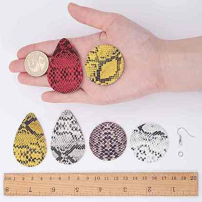 Fabrication de boucles d'oreilles Sunnyclue DIY, avec pendentifs en cuir pu, crochets en laiton et anneaux en fer, larme et plat rond avec motif peau de serpent