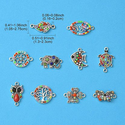 10Pcs 10 Styles Alloy Connector Charms, with Resin and Rhinestone, Butterfly & Turtle & Owl, Mixed Shapes, Antique Silver