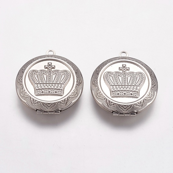304 Stainless Steel Locket Pendants, Flat Round with Crown