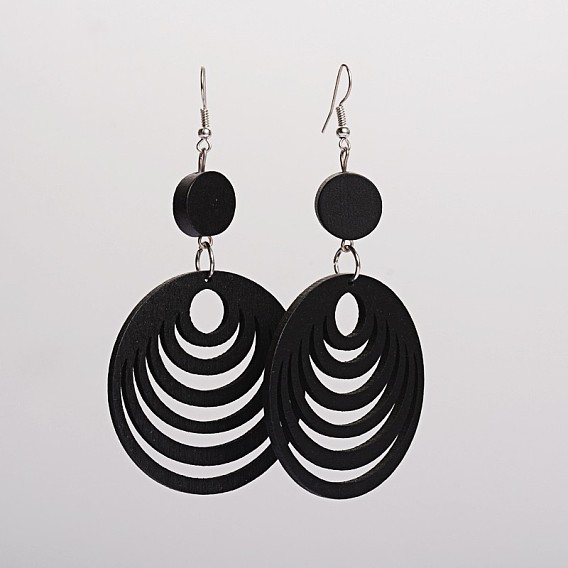 Trendy Wood Dangle Earrings, with Platinum Plated Iron Earring Hooks, Flat Round and Oval, 94x49.5mm, Pin: 0.8mm