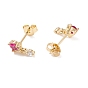 Deep Pink Cubic Zirconia Flat Round Dangle Stud Earrings, Brass Jewelry for Women, Cadmium Free & Lead Free