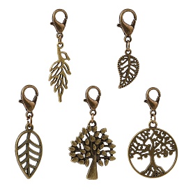 5Pcs 5 Styles Autumn Leaf & Tree Alloy Pendants Decorations Set, with Iron Findings and Alloy Lobster Clasp, for Keychain, Purse, Backpack Ornament