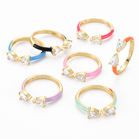Bowknot Brass Micro Pave Clear Cubic Zirconia Enamel Cuff Rings, Real 16K Gold Plated Enamel Open Rings, Nickel Free