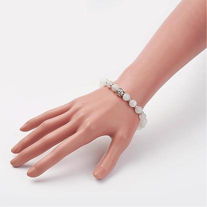 Bracelets élastiques de pierres précieuses naturelles, Avec perles en laiton et bijoux en alliage, ronde