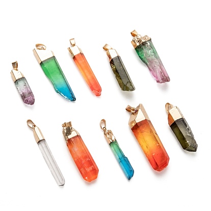Golden Plated Natural Quartz Crystal Pendants, with Golden Tone Iron Finding, Dyed