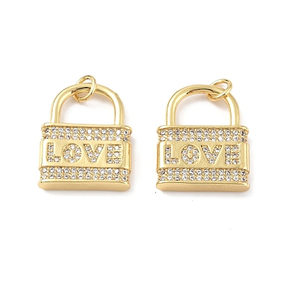 Brass Micro Pave Clear Cubic Zirconia Pendants, with Jump Ring, Lock with Word Love