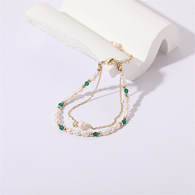 Vintage Baroque Double Layer O-Chain 14K Gold Bracelet for Women with Freshwater Pearls