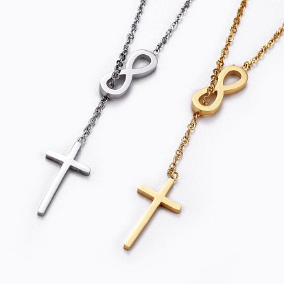 304 Stainless Steel Cable Chains Lariat Necklaces, with Lobster Claw Clasps, Infinity with Cross