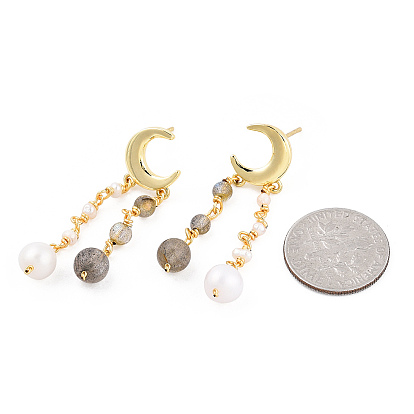 Boucles d'oreilles pendantes à pampille de lune perlée de perles naturelles et de pierre de soleil, boucles d'oreilles pendantes en laiton avec 925 broches en argent sterling pour femmes