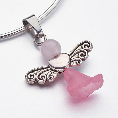 Adjustable Iron Charm Bangles, with Gemstone Beads and Transparent Acrylic Beads, Frosted, Lovely Wedding Dress Angel Dangle