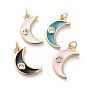 Cubic Zirconia Charms, with Brass Findings and Enamel, Moon, Golden