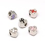 Platinum Plated Alloy Rhinestone European Beads, Large Hole Heart Beads with Enamel Breast Cancer Awareness Ribbon, 9.5x9.5x8.5mm, Hole: 4mm