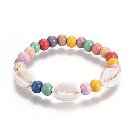 Bracelets élastiques, avec des perles de bois et des perles de coquille