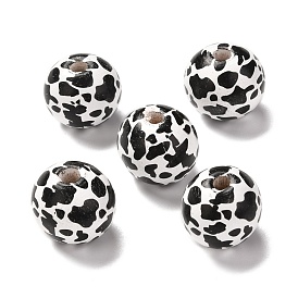 Printed Wood European Beads, Large Hole Beads, Round with Cow Grain Pattern, Dyed