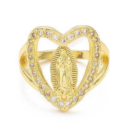 Clear Cubic Zirconia Heart with Virgin Mary Open Cuff Ring, Brass Jewelry for Women, Cadmium Free & Lead Free