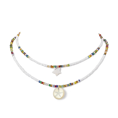 2 pcs 2 ensemble de colliers pendentif étoile en coquille naturelle de style, colliers empilables en perles de verre pour femmes