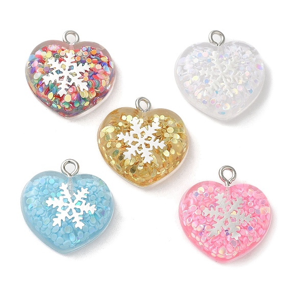 Pendentif en acrylique, avec les accessoires en fer, glitter, coeur de Saint Valentin avec flocon de neige