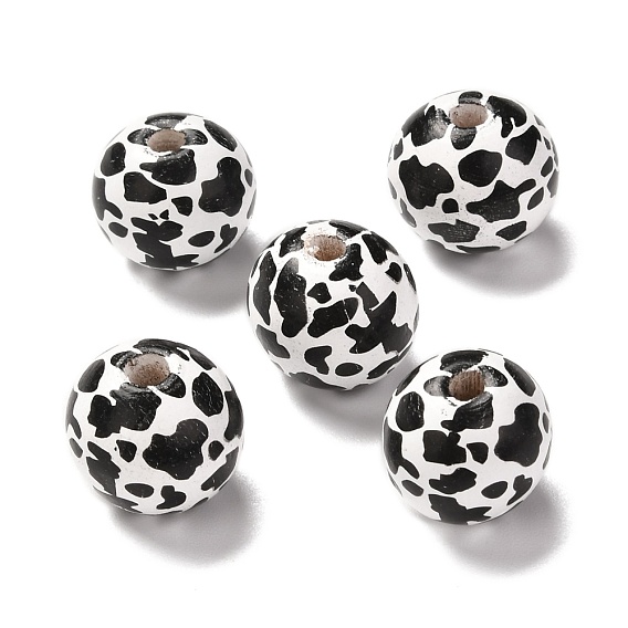 Perles européennes en bois imprimées, Perles avec un grand trou   , rond avec motif grain de vache, teint