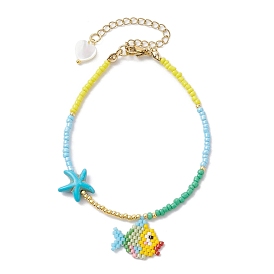 Glass Seed Fish Charm Bracelet with Synthetic Turquoise Starfish