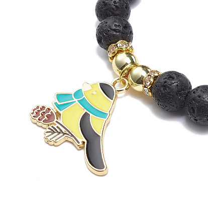 Круглый эластичный браслет из натуральной лавы и синтетического гематита с бусинами, браслет с шармом в виде птицы из сплава эмали для женщин
