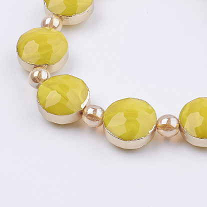 Opaque Glass Beads Strands, with Brass Findings, Faceted, Flat Round