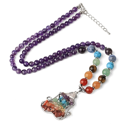 Gemstone 7 Chakra Yoga Meditation Pendant Necklace, Reiki Yoga Stone Bead Necklace for Men Women