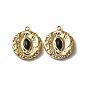 Vacuum Plating 201 Stainless Steel Natural Black Agate Pendants, Real 18K Gold Plated, Flat Round with Horse Eye Charms