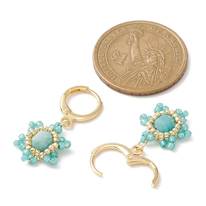 Natural Mixed Gemstone & Seed Beaded Star Dangle Leverback Earrings, Golden Brass Earrings