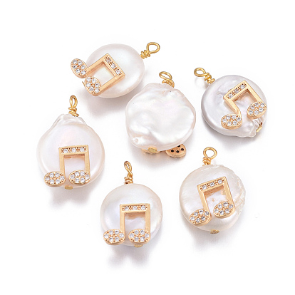 Natural Cultured Freshwater Pearl Pendants, with Brass Micro Pave Cubic Zirconia Findings, Nuggets with Musical Note, Golden