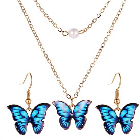 Ensemble de bijoux papillon en alliage d'or clair avec perle en plastique, collier pendentif en émail et boucles d'oreilles pendantes