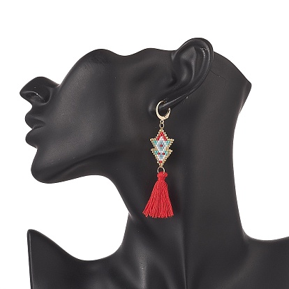 Glass Seed Braided Arrow Dangle Leverback Earrings, Bohemia Long Tassel Drop Earrings for Women