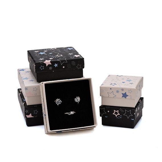 Cajas de joyas de cartón, con esterilla negra, para embalaje de regalo de joyería, cuadrado con estampado de estrellas