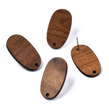 Fornituras de aretes de madera de nogal, con orificio y pasador de acero inoxidable 304, oval